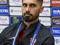 Persepolis FC player Omid Alishah attends a press conference at Jassim Bin Hamad Stadium in Doha, Qatar, on October 20, 2024, ahead of the A...