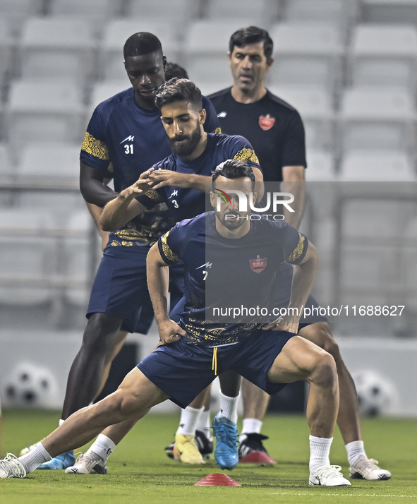 Persepolis FC players attend a training session at Jassim Bin Hamad Stadium in Doha, Qatar, on October 20, 2024, ahead of the AFC Champions...