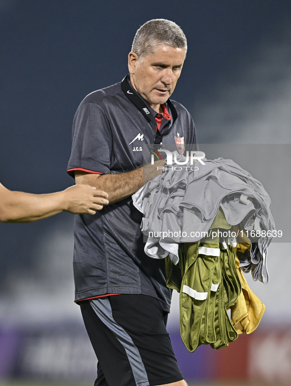 Head coach of Persepolis FC, Juan Carlos Fernandez, participates in a training session at Jassim Bin Hamad Stadium in Doha, Qatar, on Octobe...