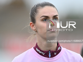 Emma Harris (12 West Ham) warms up during the Barclays FA Women's Super League match between West Ham United and Arsenal at the Chigwell Con...