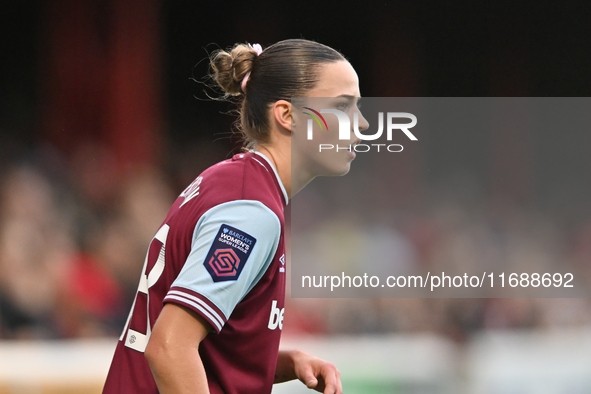 Anouk Denton, 18, of West Ham, looks on during the Barclays FA Women's Super League match between West Ham United and Arsenal at the Chigwel...