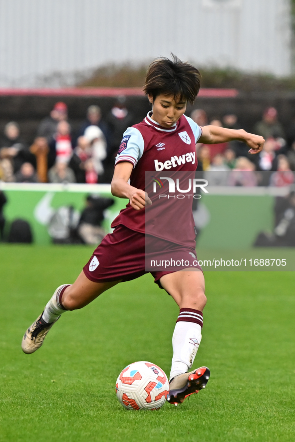 Riko Ueki (9 West Ham) crosses the ball during the Barclays FA Women's Super League match between West Ham United and Arsenal at the Chigwel...