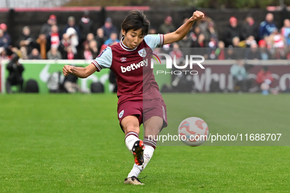 Riko Ueki (9 West Ham) crosses the ball during the Barclays FA Women's Super League match between West Ham United and Arsenal at the Chigwel...