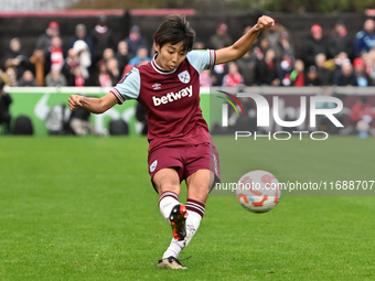 Riko Ueki (9 West Ham) crosses the ball during the Barclays FA Women's Super League match between West Ham United and Arsenal at the Chigwel...