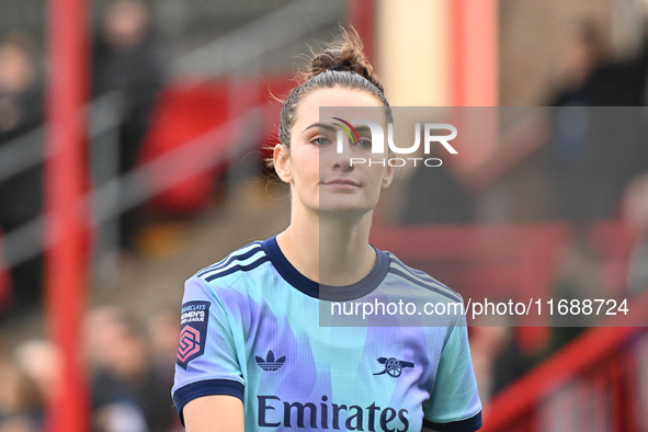 Emily Fox (2 Arsenal) participates in the Barclays FA Women's Super League match between West Ham United and Arsenal at the Chigwell Constru...