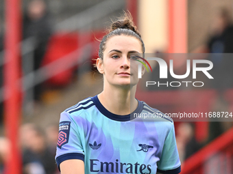 Emily Fox (2 Arsenal) participates in the Barclays FA Women's Super League match between West Ham United and Arsenal at the Chigwell Constru...