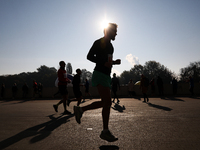 Competitors participate in the 10th Cracovia Royal Half Marathon at Tauron Arena in Krakow, Poland, on October 20, 2024. The Cracovia Royal...