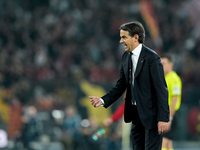 Simone Inzaghi head coach of FC Internazionale yells during the Serie A Enilive match between AS Roma and FC Internazionale at Stadio Olimpi...