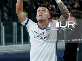 Lautaro Martinez of FC Internazionale celebrates after scoring first goal during the Serie A Enilive match between AS Roma and FC Internazio...