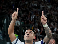 Lautaro Martinez of FC Internazionale celebrates after scoring first goal during the Serie A Enilive match between AS Roma and FC Internazio...