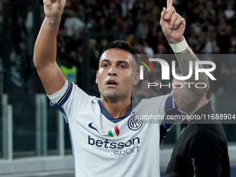 Lautaro Martinez of FC Internazionale celebrates after scoring first goal during the Serie A Enilive match between AS Roma and FC Internazio...