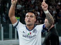 Lautaro Martinez of FC Internazionale celebrates after scoring first goal during the Serie A Enilive match between AS Roma and FC Internazio...