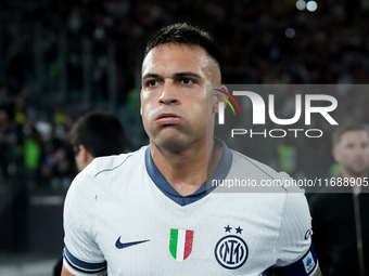 Lautaro Martinez of FC Internazionale celebrates after scoring first goal during the Serie A Enilive match between AS Roma and FC Internazio...