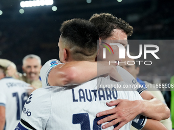 Lautaro Martinez of FC Internazionale celebrates after scoring first goal during the Serie A Enilive match between AS Roma and FC Internazio...