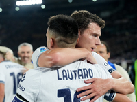 Lautaro Martinez of FC Internazionale celebrates after scoring first goal during the Serie A Enilive match between AS Roma and FC Internazio...