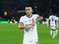 Lautaro Martinez of FC Internazionale celebrates after scoring first goal during the Serie A Enilive match between AS Roma and FC Internazio...