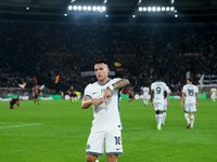 Lautaro Martinez of FC Internazionale celebrates after scoring first goal during the Serie A Enilive match between AS Roma and FC Internazio...