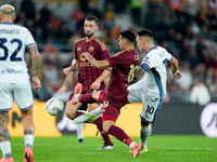 Lautaro Martinez of FC Internazionale scores first goal during the Serie A Enilive match between AS Roma and FC Internazionale at Stadio Oli...