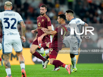 Lautaro Martinez of FC Internazionale scores first goal during the Serie A Enilive match between AS Roma and FC Internazionale at Stadio Oli...