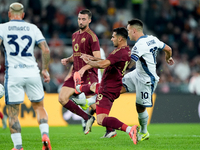 Lautaro Martinez of FC Internazionale scores first goal during the Serie A Enilive match between AS Roma and FC Internazionale at Stadio Oli...