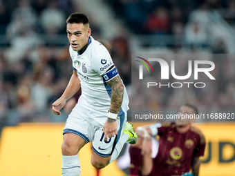 Lautaro Martinez of FC Internazionale celebrates after scoring first goal during the Serie A Enilive match between AS Roma and FC Internazio...