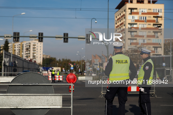 Police are present during the 10th Cracovia Royal Half Marathon at Tauron Arena in Krakow, Poland, on October 20, 2024. The Cracovia Royal H...