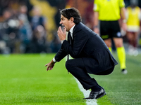 Simone Inzaghi head coach of FC Internazionale yells during the Serie A Enilive match between AS Roma and FC Internazionale at Stadio Olimpi...