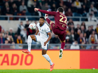 Denzel Dumfries of FC Internazionale and Mario Hermoso of AS Roma compete for the ball during the Serie A Enilive match between AS Roma and...