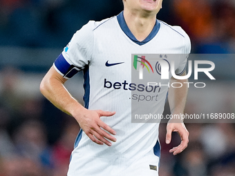 Nicolo Barella of FC Internazionale reacts during the Serie A Enilive match between AS Roma and FC Internazionale at Stadio Olimpico on Octo...