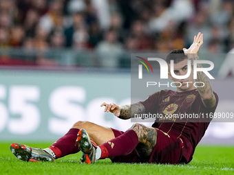 Gianluca Mancini of AS Roma gestures during the Serie A Enilive match between AS Roma and FC Internazionale at Stadio Olimpico on October 20...