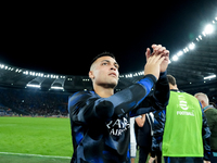 Lautaro Martinez of FC Internazionale celebrates the victory during the Serie A Enilive match between AS Roma and FC Internazionale at Stadi...