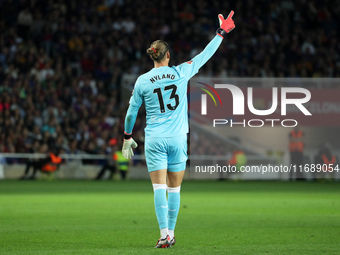 Orjan Nyland plays during the match between FC Barcelona and Sevilla FC, corresponding to week 10 of LaLiga EA Sports, at the Lluis Companys...