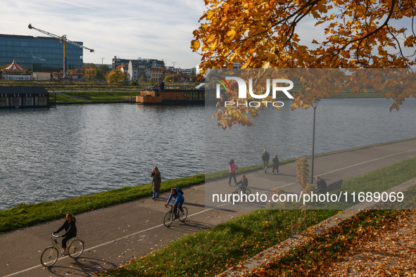 A sunny autumn day at the Vistula boulevards in Krakow, Poland on October 20th, 2024. 