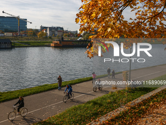 A sunny autumn day at the Vistula boulevards in Krakow, Poland on October 20th, 2024. (