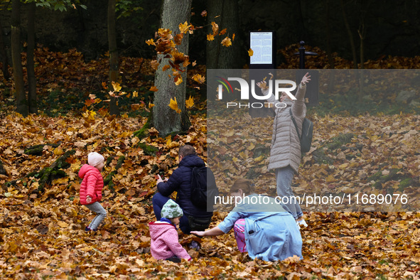 People play throwing leaves on an autumn day at Bednarski Park n Krakow, Poland on October 20th, 2024. 