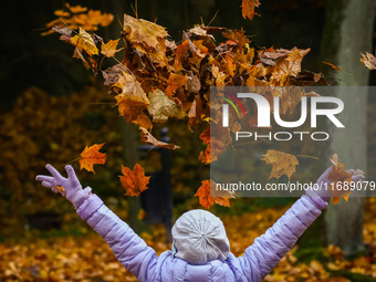 A child plays throwing leaves on an autumn day at Bednarski Park n Krakow, Poland on October 20th, 2024. (