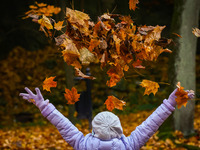 A child plays throwing leaves on an autumn day at Bednarski Park n Krakow, Poland on October 20th, 2024. (