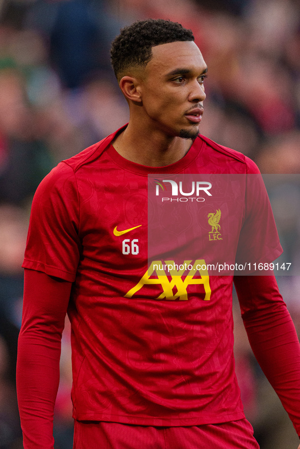 Trent Alexander-Arnold of Liverpool warms up during the Premier League match between Liverpool and Chelsea at Anfield in Liverpool, England,...