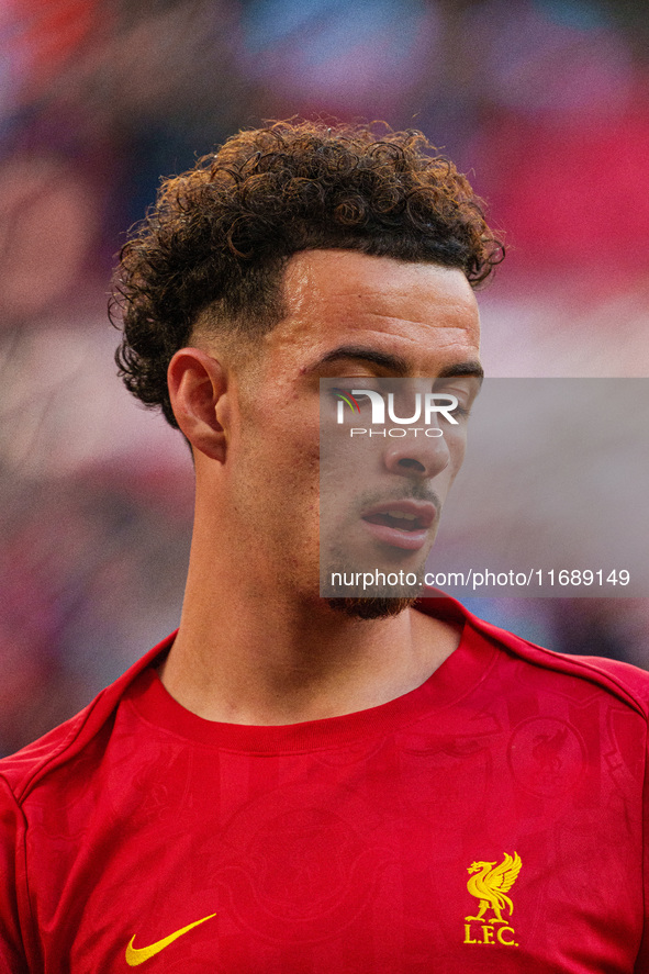 Liverpool's Curtis Jones warms up during the Premier League match between Liverpool and Chelsea at Anfield in Liverpool, England, on October...