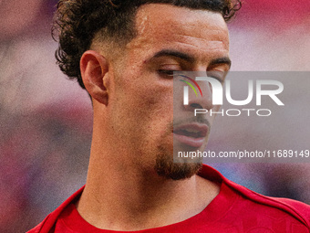 Liverpool's Curtis Jones warms up during the Premier League match between Liverpool and Chelsea at Anfield in Liverpool, England, on October...