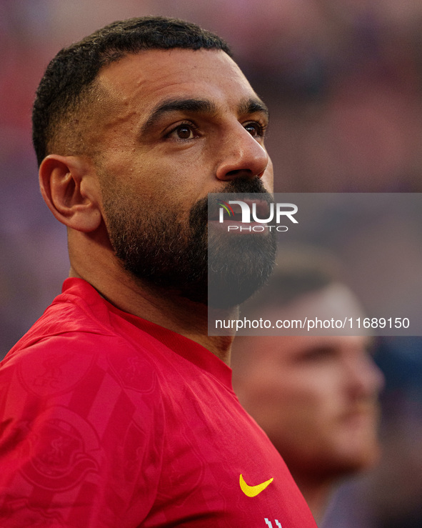 Mohamed Salah plays during the Premier League match between Liverpool and Chelsea at Anfield in Liverpool, England, on October 20, 2024. 