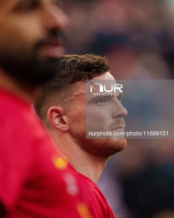 Liverpool's Andrew Robertson participates in the Premier League match between Liverpool and Chelsea at Anfield in Liverpool, England, on Oct...