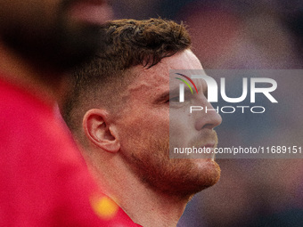 Liverpool's Andrew Robertson participates in the Premier League match between Liverpool and Chelsea at Anfield in Liverpool, England, on Oct...