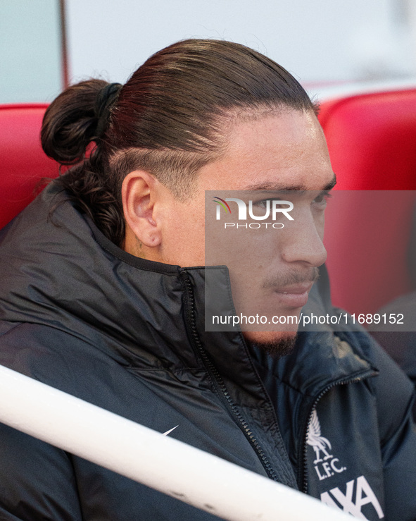 Liverpool's Darwin Nunez sits on the bench before the Premier League match between Liverpool and Chelsea at Anfield in Liverpool, England, o...