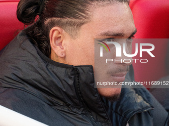 Liverpool's Darwin Nunez sits on the bench before the Premier League match between Liverpool and Chelsea at Anfield in Liverpool, England, o...