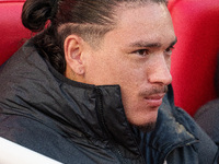 Liverpool's Darwin Nunez sits on the bench before the Premier League match between Liverpool and Chelsea at Anfield in Liverpool, England, o...