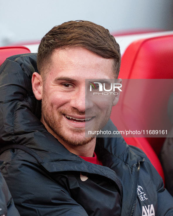 Liverpool's Alexis Mac Allister sits on the bench prior to the Premier League match between Liverpool and Chelsea at Anfield in Liverpool, E...