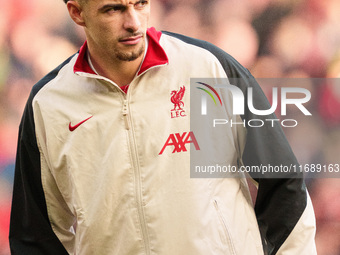 Liverpool's Curtis Jones participates in the Premier League match between Liverpool and Chelsea at Anfield in Liverpool, England, on October...