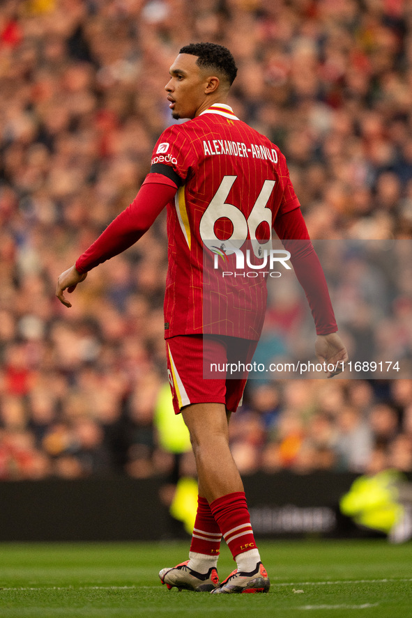 Trent Alexander-Arnold of Liverpool plays during the Premier League match between Liverpool and Chelsea at Anfield in Liverpool, England, on...