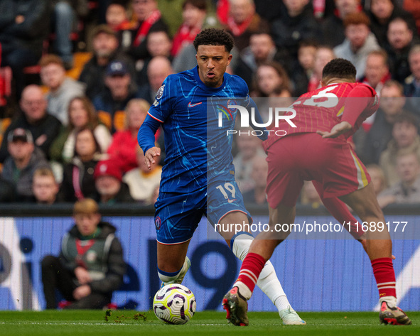 Jadon Sancho of Chelsea is in action with Liverpool's Trent Alexander-Arnold during the Premier League match between Liverpool and Chelsea a...